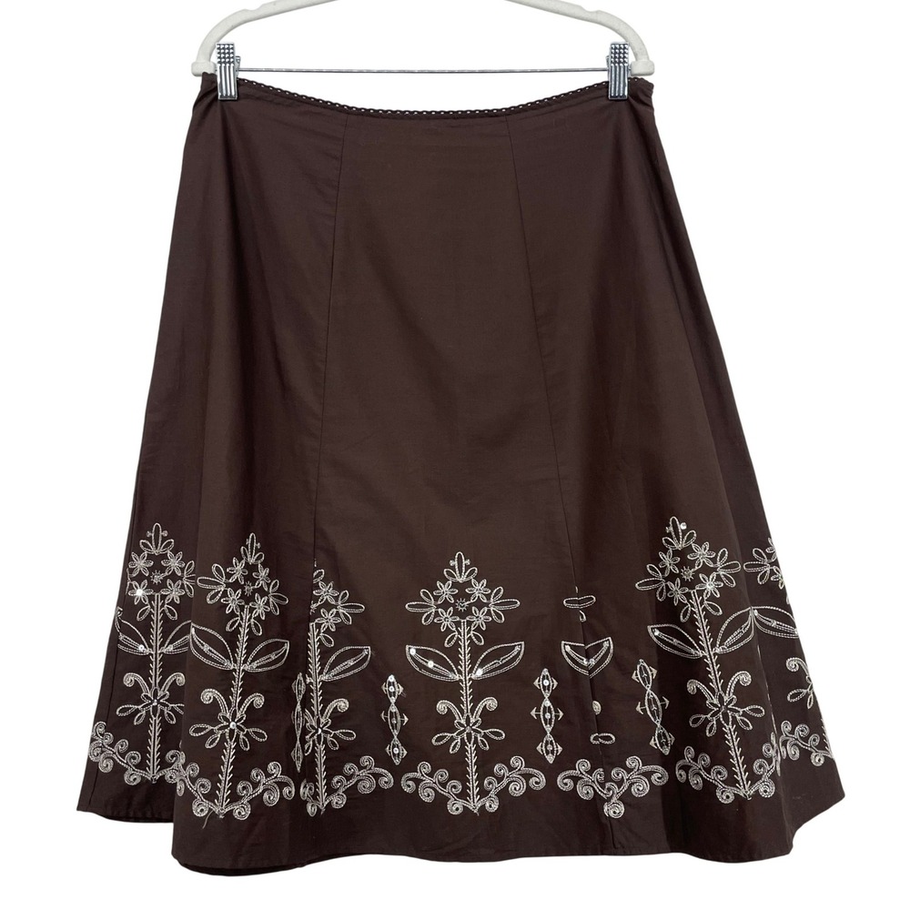 Kim Rogers Size Large A-Line Skirt Brown Floral Embroidered Sequin Knee‎ Length